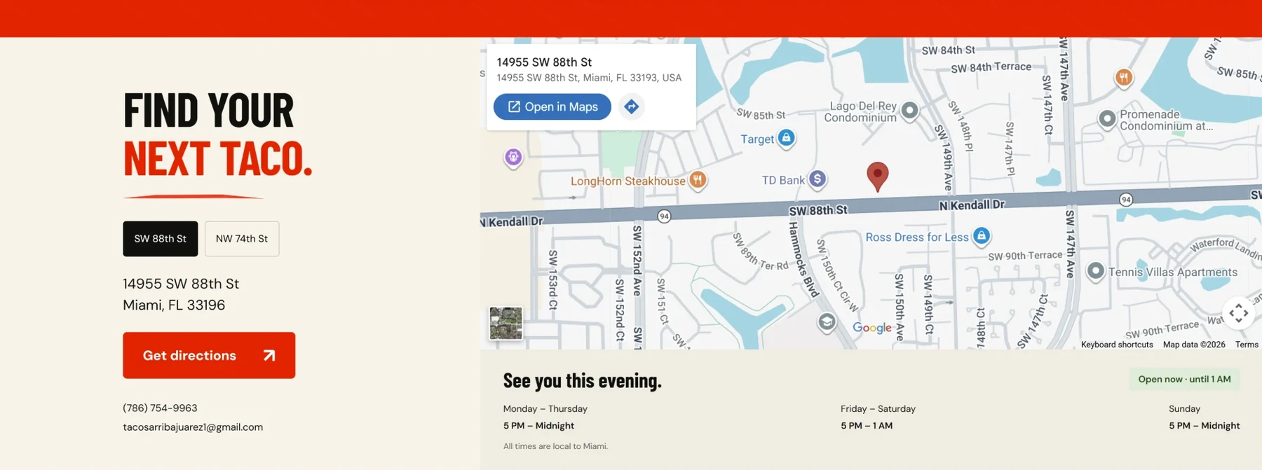 Locations: address, map and hours